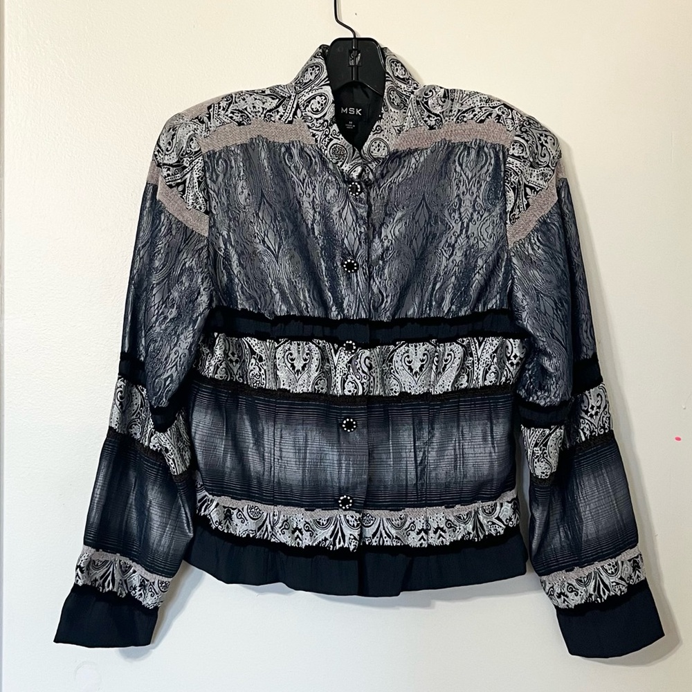 Metallic Silver Paisley Patchwork Jacket Y2K Boho Chic Lightweight Statement Top - Picture 2 of 12